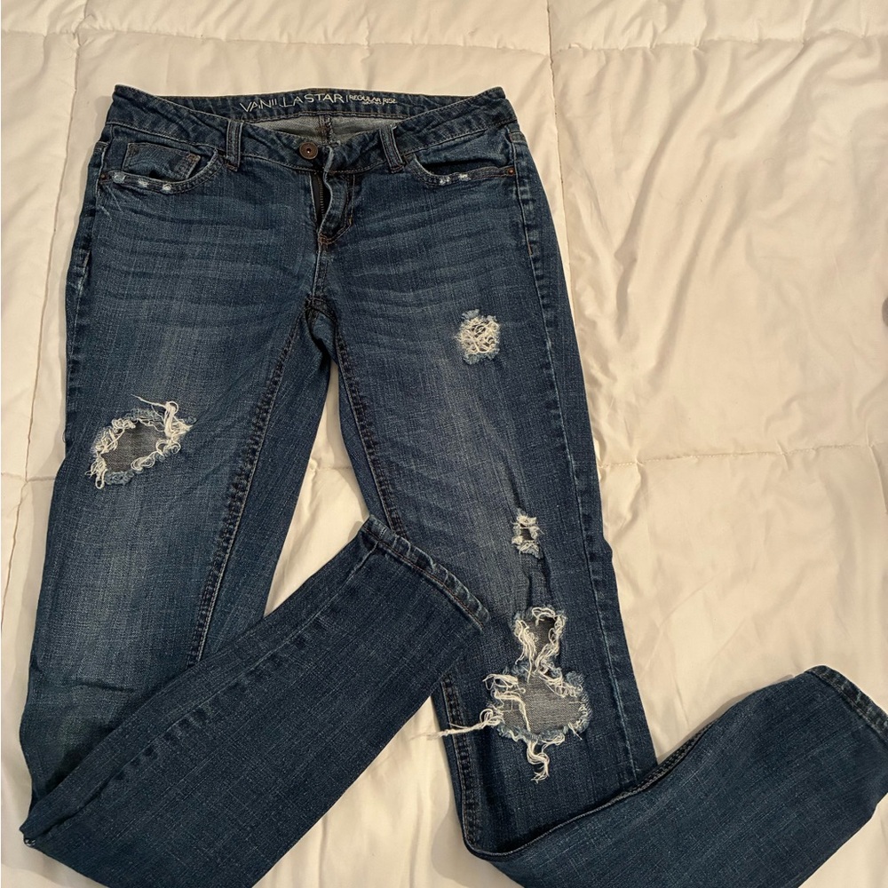 Vanilla Star Women's Ripped Dark Blue Skinny Jeans